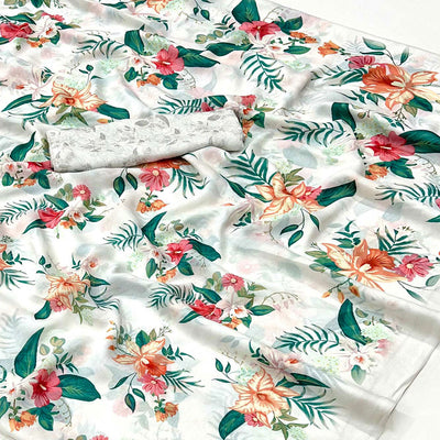 White Floral Digital Printed Georgette Saree