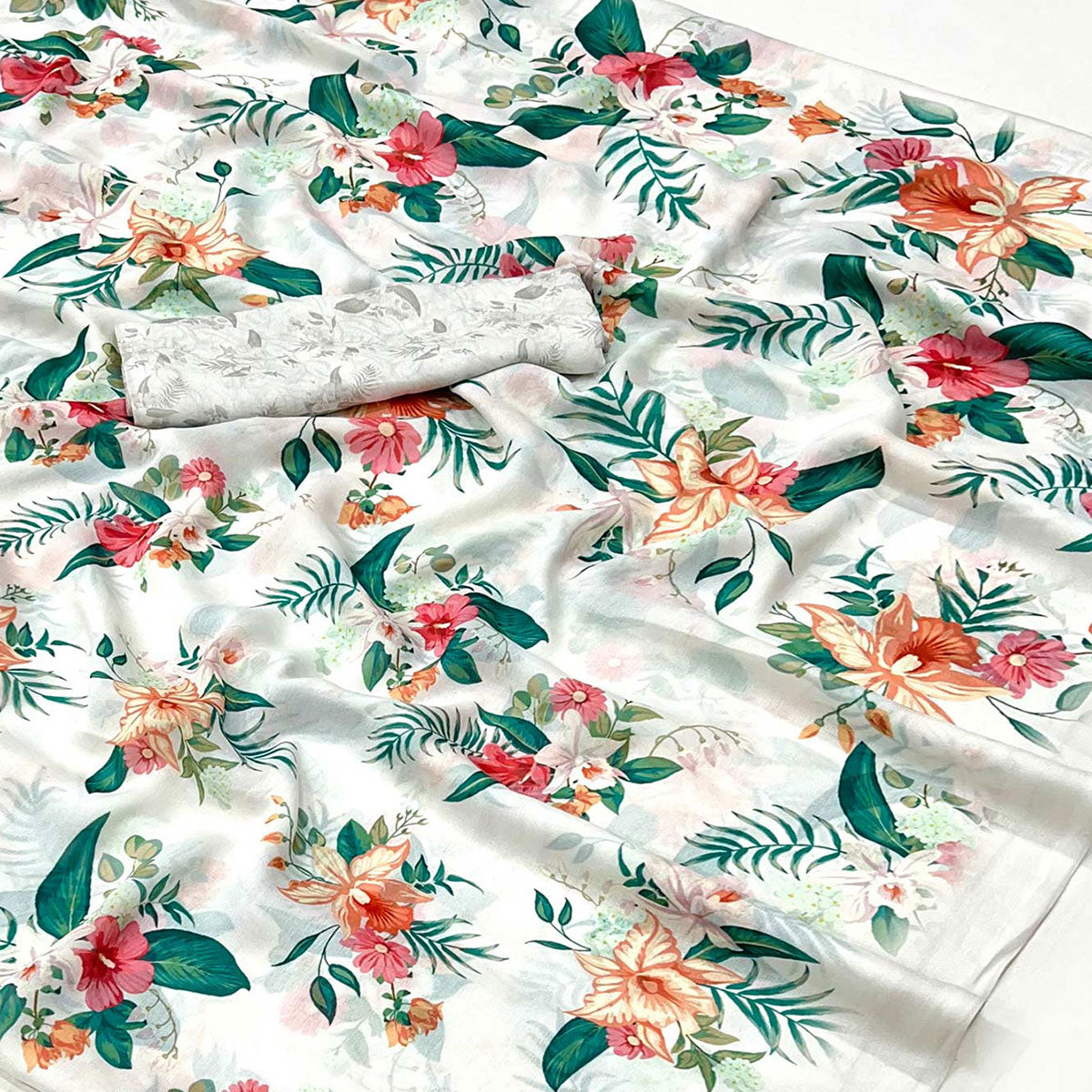 White Floral Digital Printed Georgette Saree