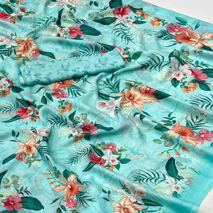 Turquoise Floral Digital Printed Georgette Saree