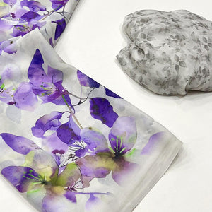 White & Purple Floral Digital Printed Georgette Saree