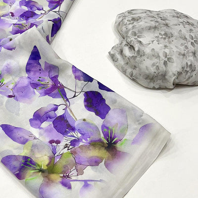 White & Purple Floral Digital Printed Georgette Saree
