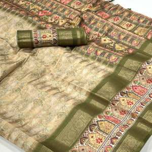 Mehendi Green Floral Woven With Digital Printed Art Silk Saree