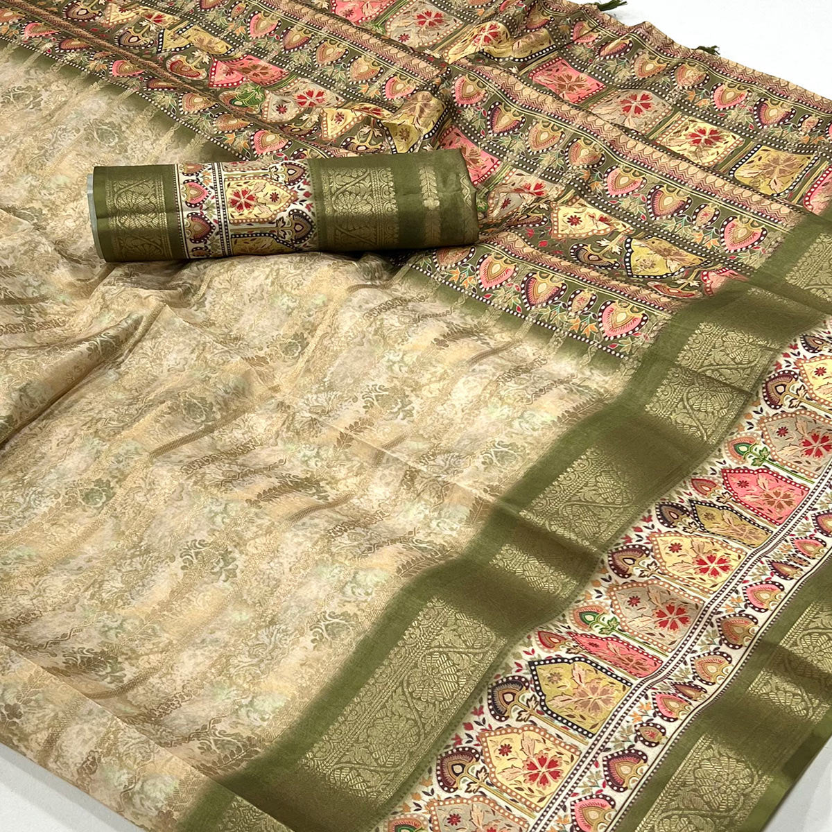 Mehendi Green Floral Woven With Digital Printed Art Silk Saree