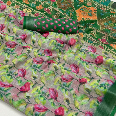 green-floral-digital-printed-linen-saree-with-zari-border