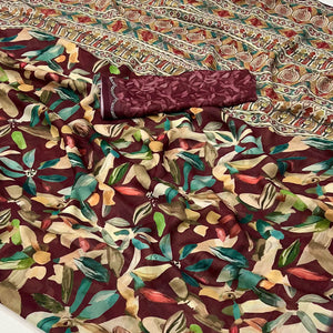 Maroon Floral Digital Printed Georgette Saree With Zarkan Border