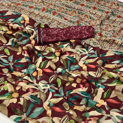 Maroon Floral Digital Printed Georgette Saree With Zarkan Border