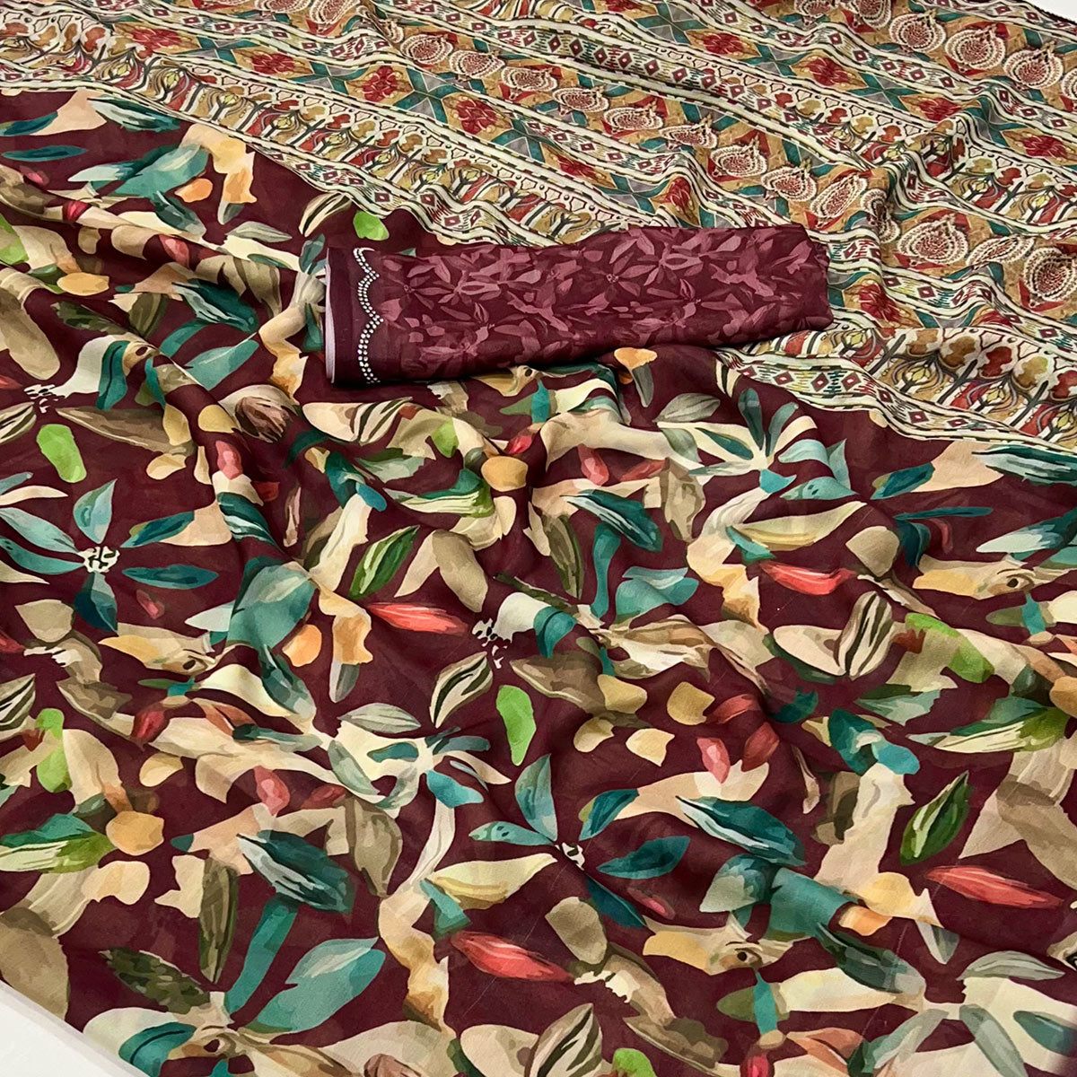 Maroon Floral Digital Printed Georgette Saree With Zarkan Border