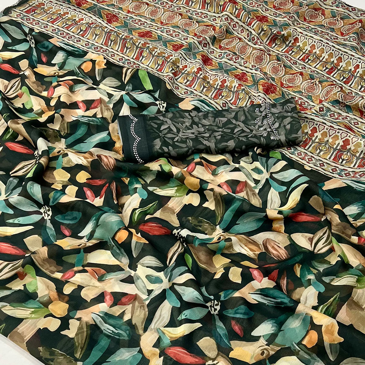 Bottle Green Floral Digital Printed Georgette Saree With Zarkan Border