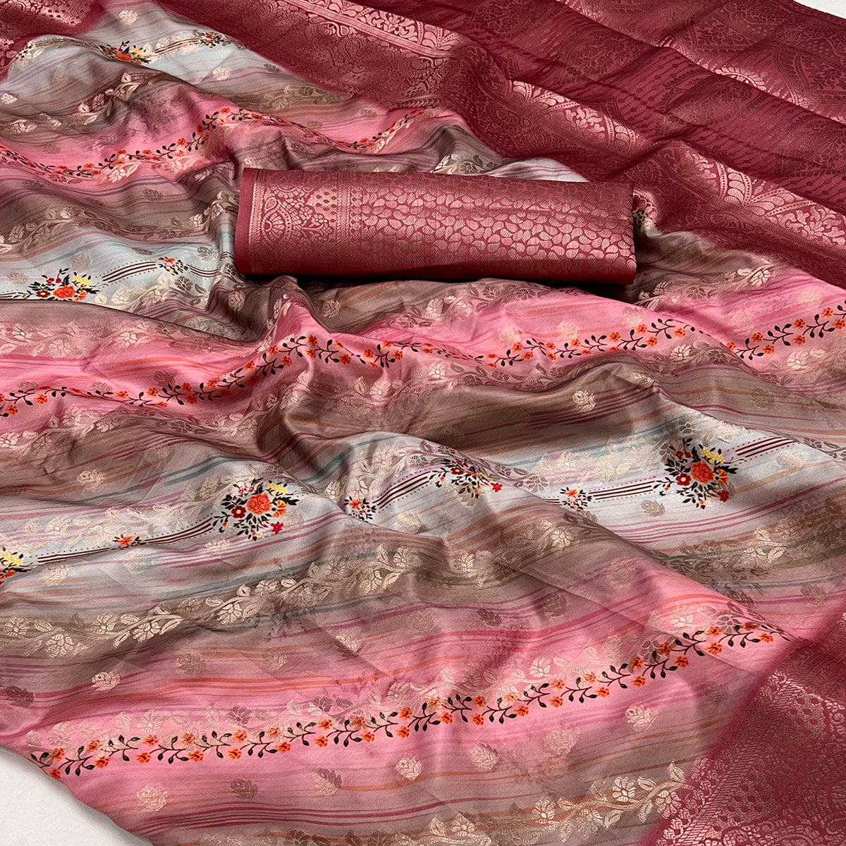 Gajari Pink Floral Woven With Digital Printed Art Silk Saree