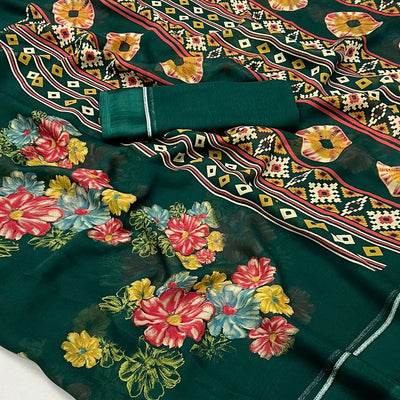 green-floral-printed-georgette-saree-with-fancy-zari-border