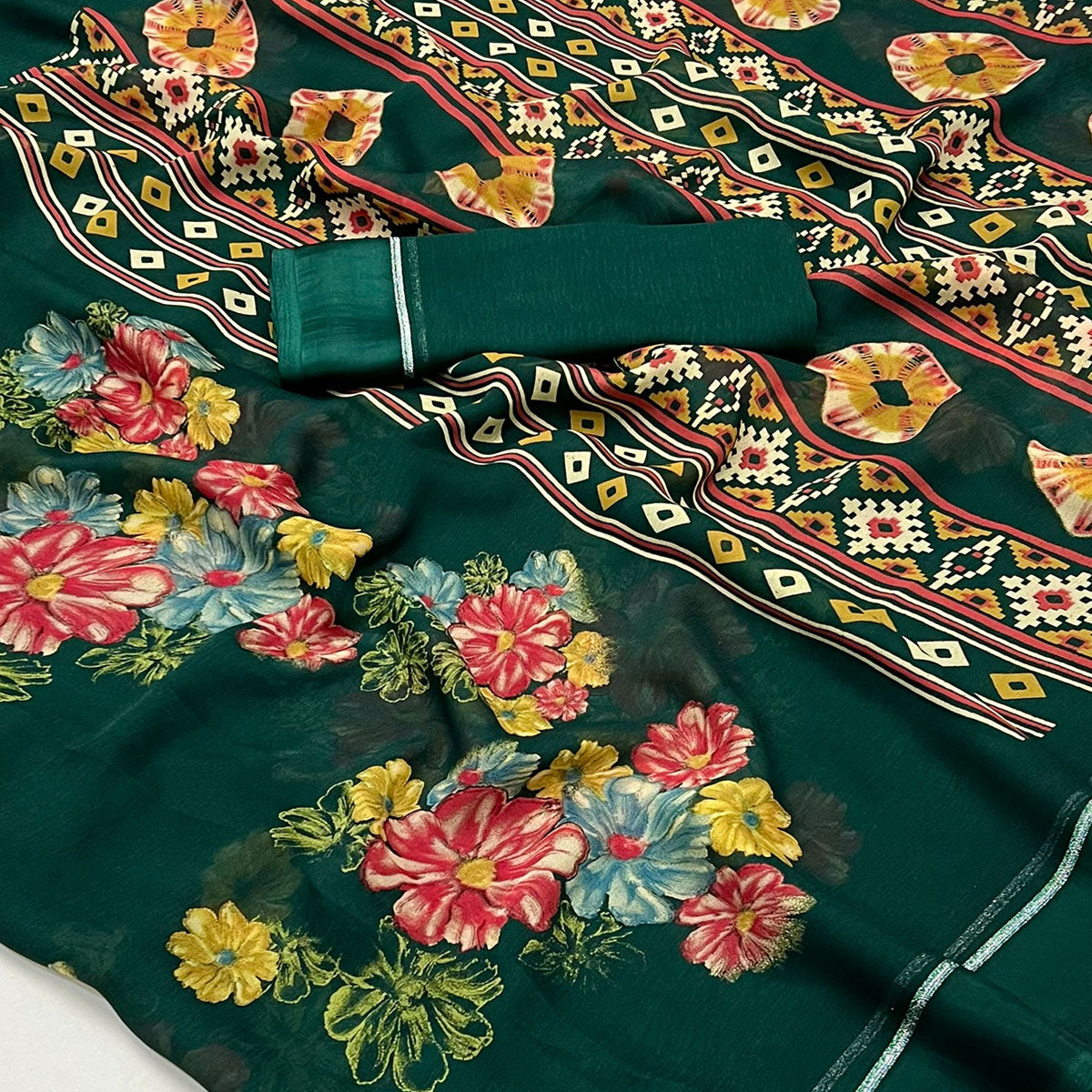 green-floral-printed-georgette-saree-with-fancy-zari-border