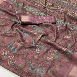 Mauve Floral Digital Printed Georgette Saree With Zari Border