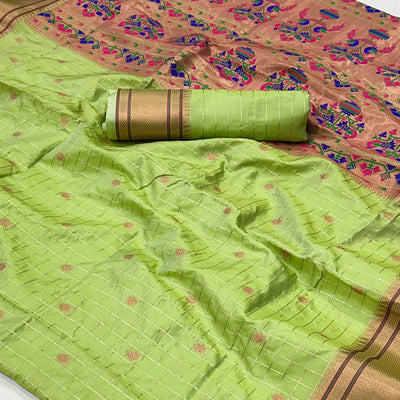 green-floral-woven-zari-checks-art-silk-saree