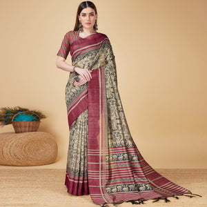 Chikoo & Maroon Printed Bhagalpuri Silk Saree With Tassels