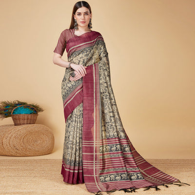 Chikoo & Maroon Printed Bhagalpuri Silk Saree With Tassels