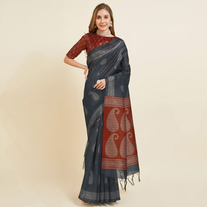 grey-digital-printed-bhagalpuri-silk-saree-with-tassels