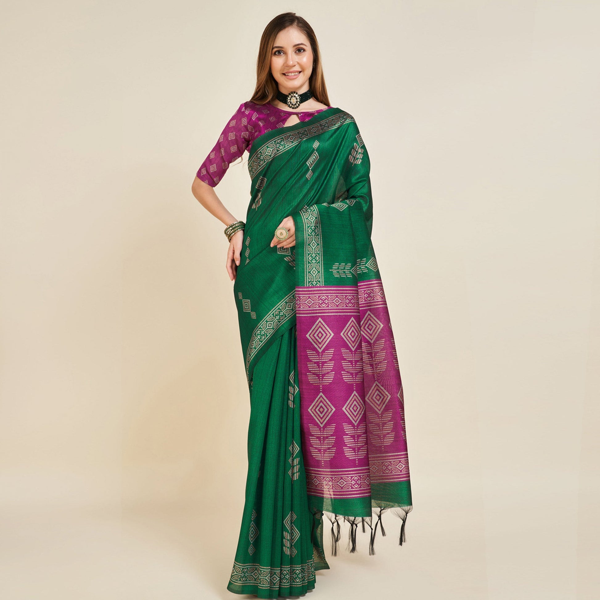 green-digital-printed-bhagalpuri-silk-saree-with-tassels