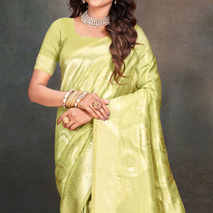 Light Green Floral Woven Cotton Silk Saree With Tassels