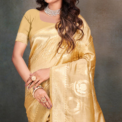 Cream Floral Woven Cotton Silk Saree With Tassels