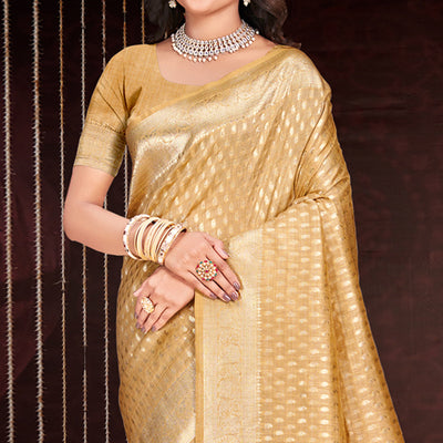 Cream Floral Woven Cotton Silk Saree With Tassels
