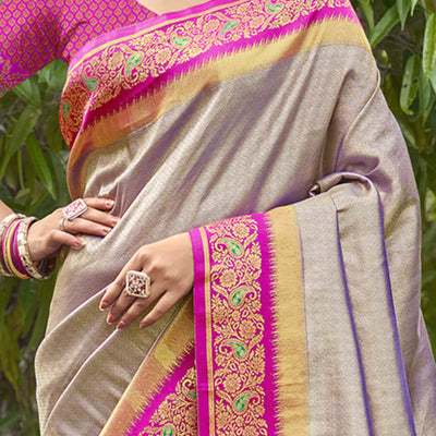 Grey Zari Weaving Organza Saree