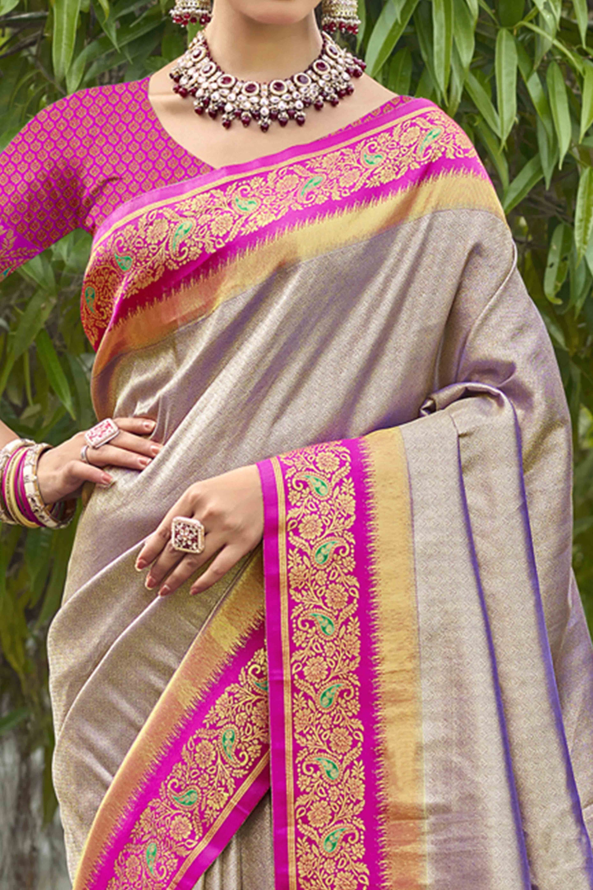 Grey Zari Weaving Organza Saree