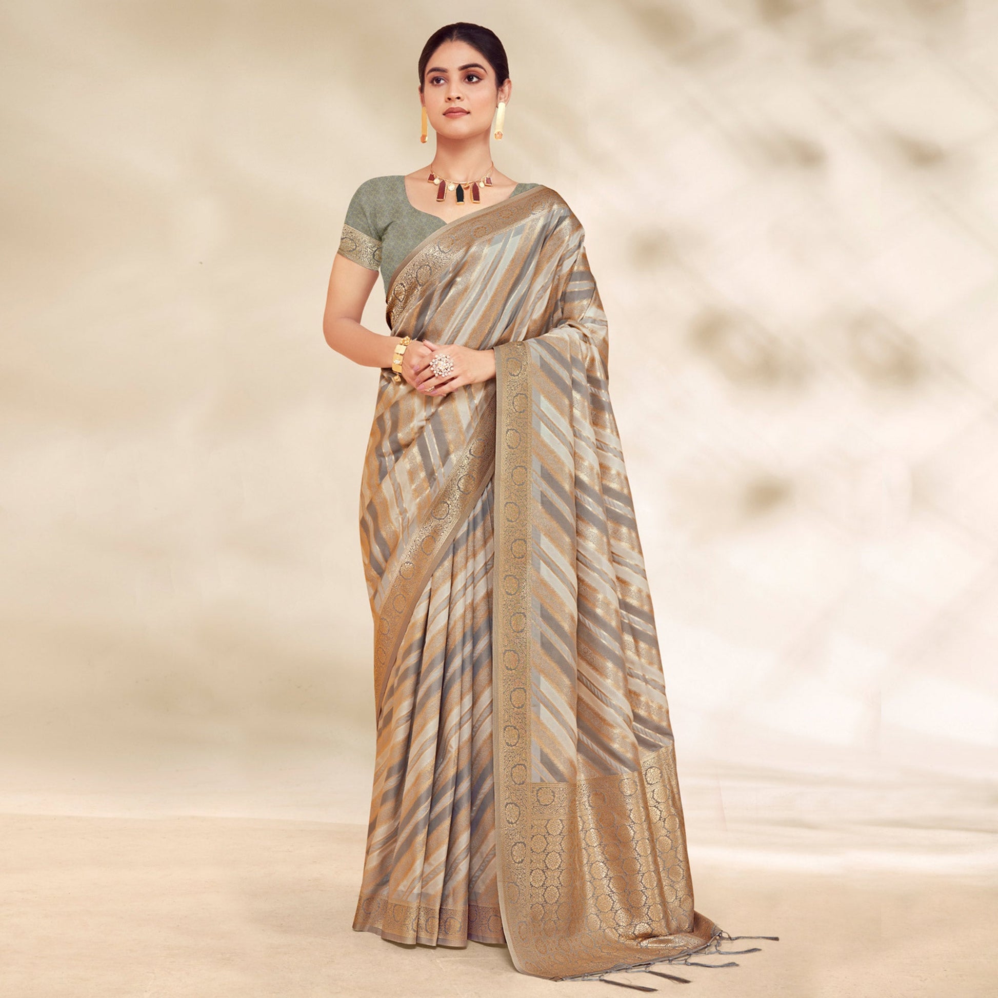 Grey Woven Cotton Silk Saree With Tassels