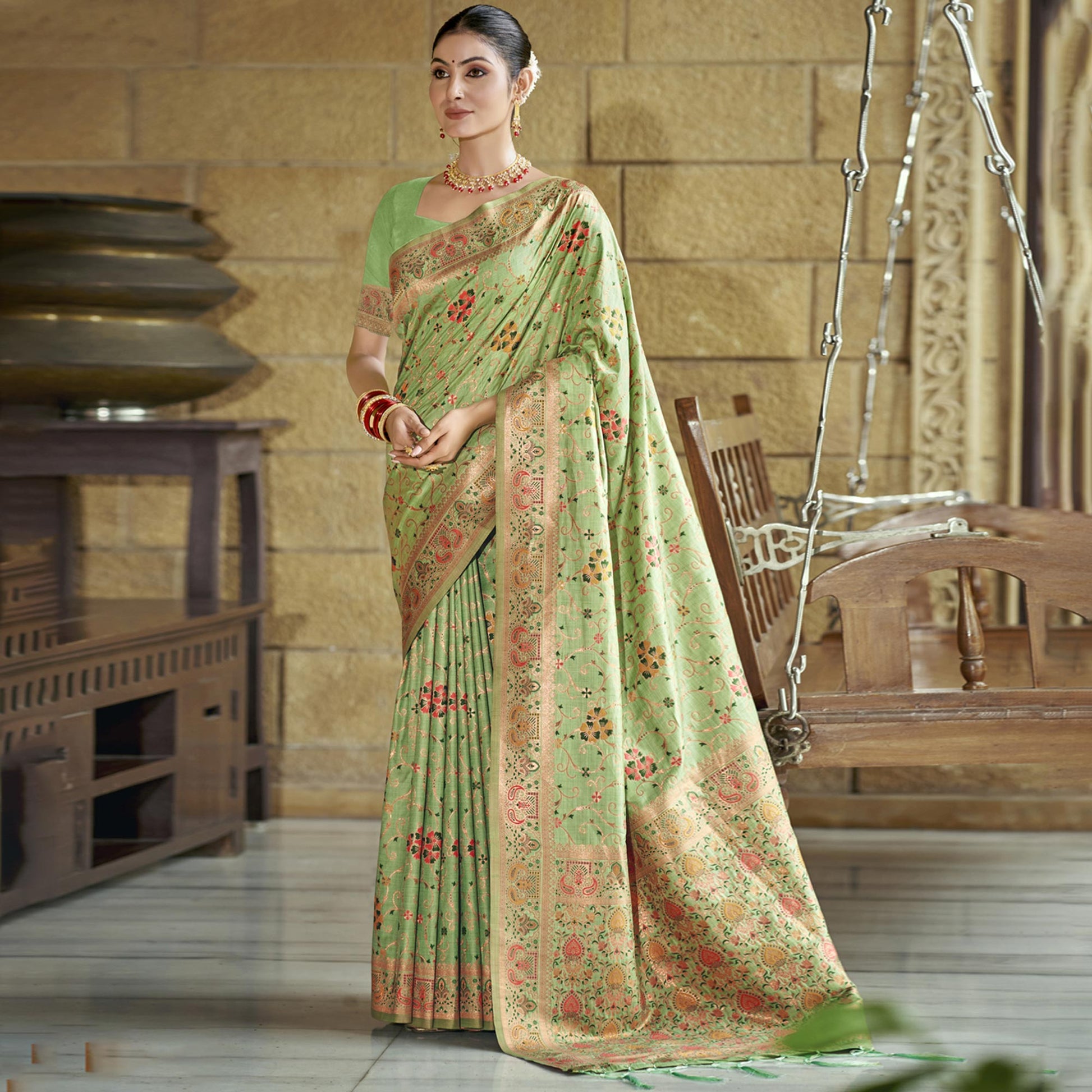 green-floral-zari-woven-cotton-silk-saree