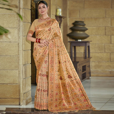 Cream Floral Zari Woven Cotton Silk Saree