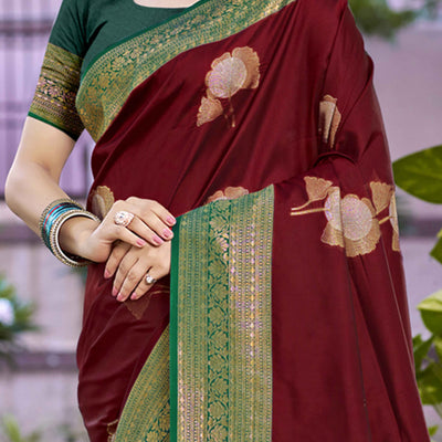 Maroon Floral Woven Banarasi Silk Saree With Tassels