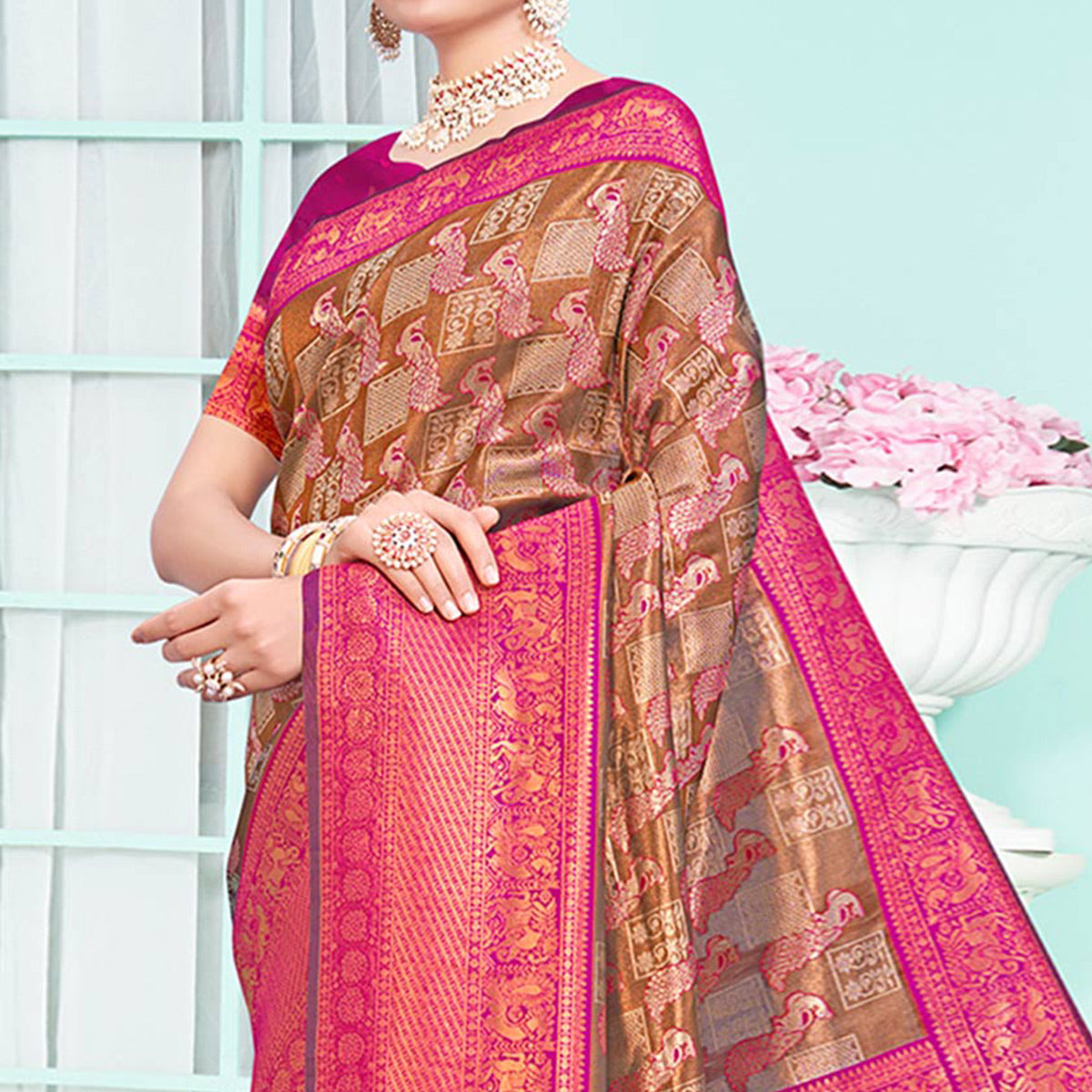 Brown & Rani Pink Woven Cotton Silk Saree With Tassels