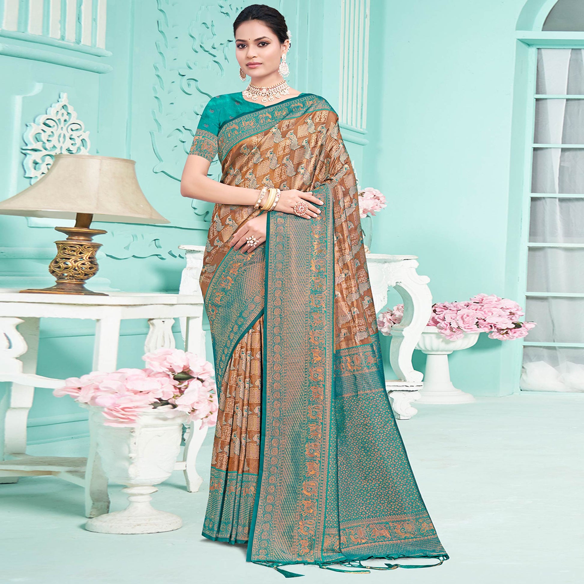 Brown & Rama Green Woven Cotton Silk Saree With Tassels