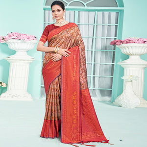 Brown & Maroon Woven Cotton Silk Saree With Tassels
