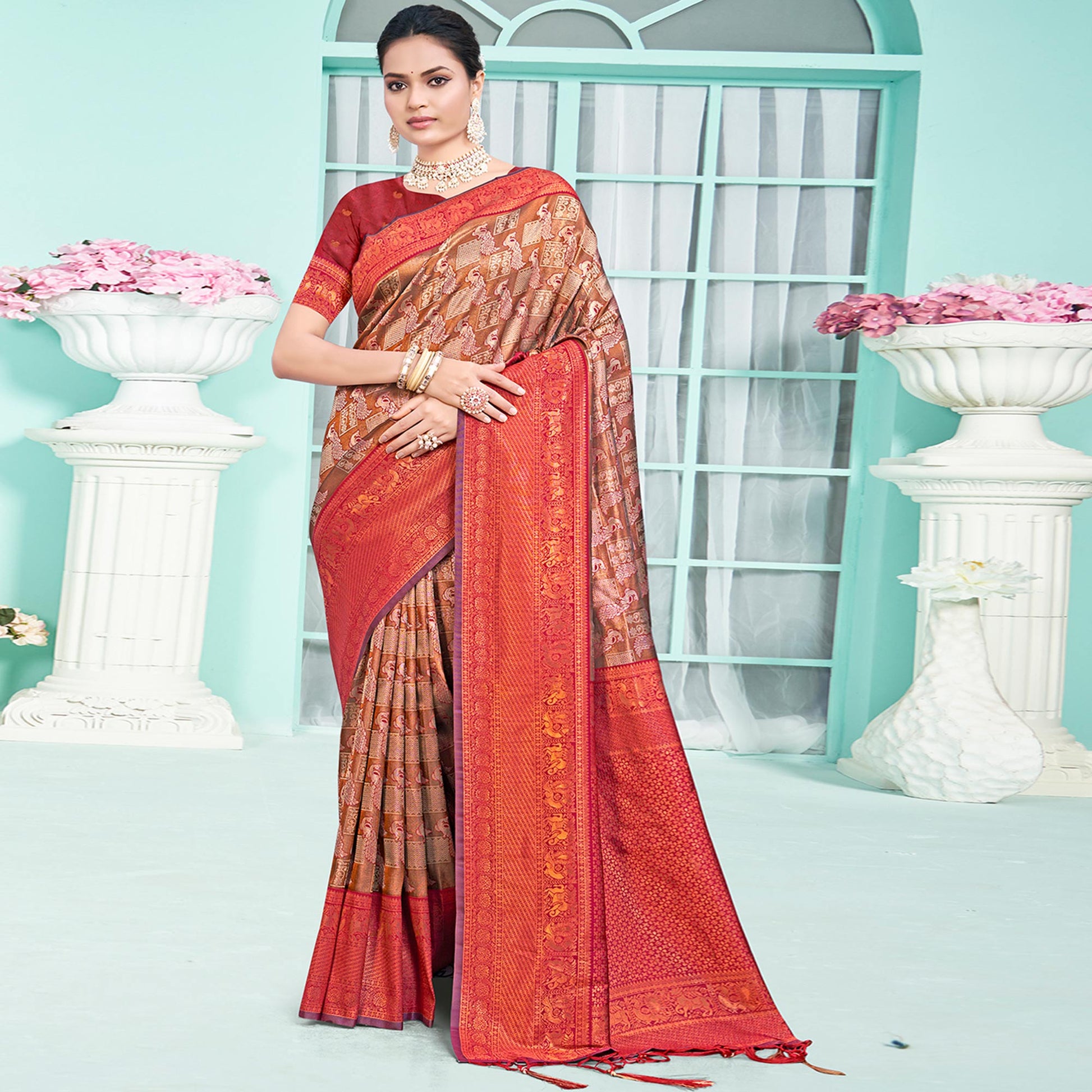 Brown & Maroon Woven Cotton Silk Saree With Tassels