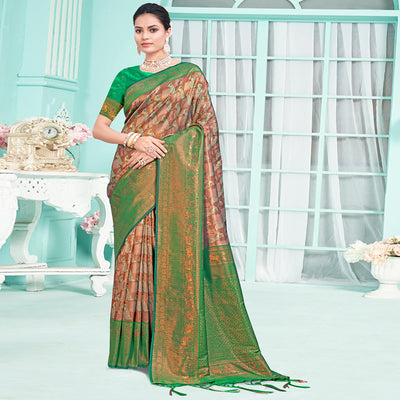 Brown & Green Woven Cotton Silk Saree With Tassels