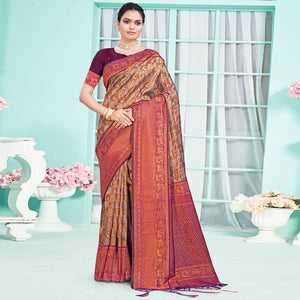 Brown & Purple Woven Cotton Silk Saree With Tassels