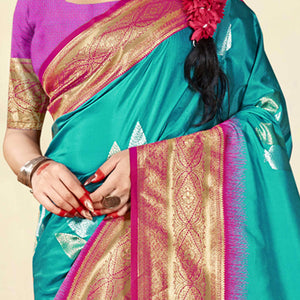 Blue Woven Banarasi Silk Saree With Tassels