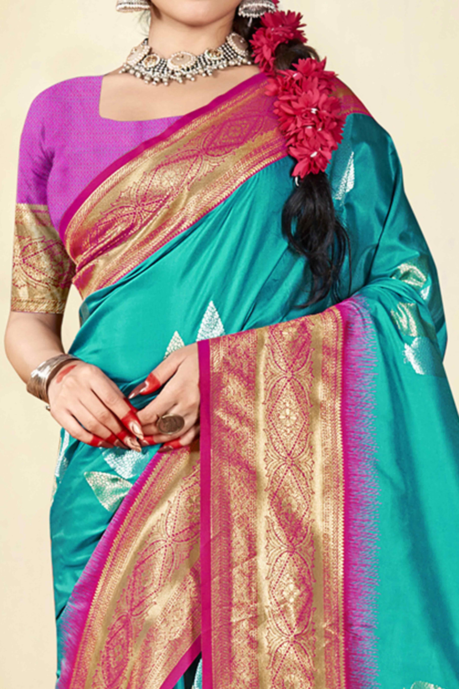 Blue Woven Banarasi Silk Saree With Tassels