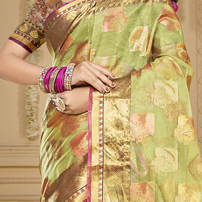 Light Green Floral Woven Organza Saree With Tassels