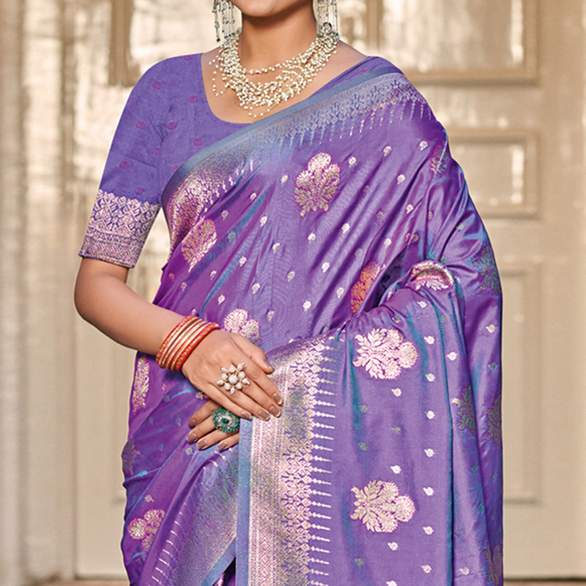 Lavender Floral Woven Banarasi Silk Saree With Tassels