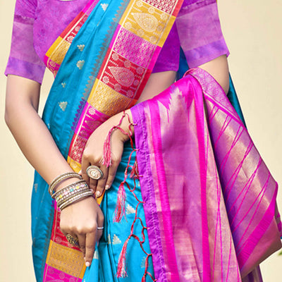 Blue Woven Banarasi Silk Saree With Tassels