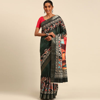 green-digital-printed-cotton-blend-saree-with-woven-border