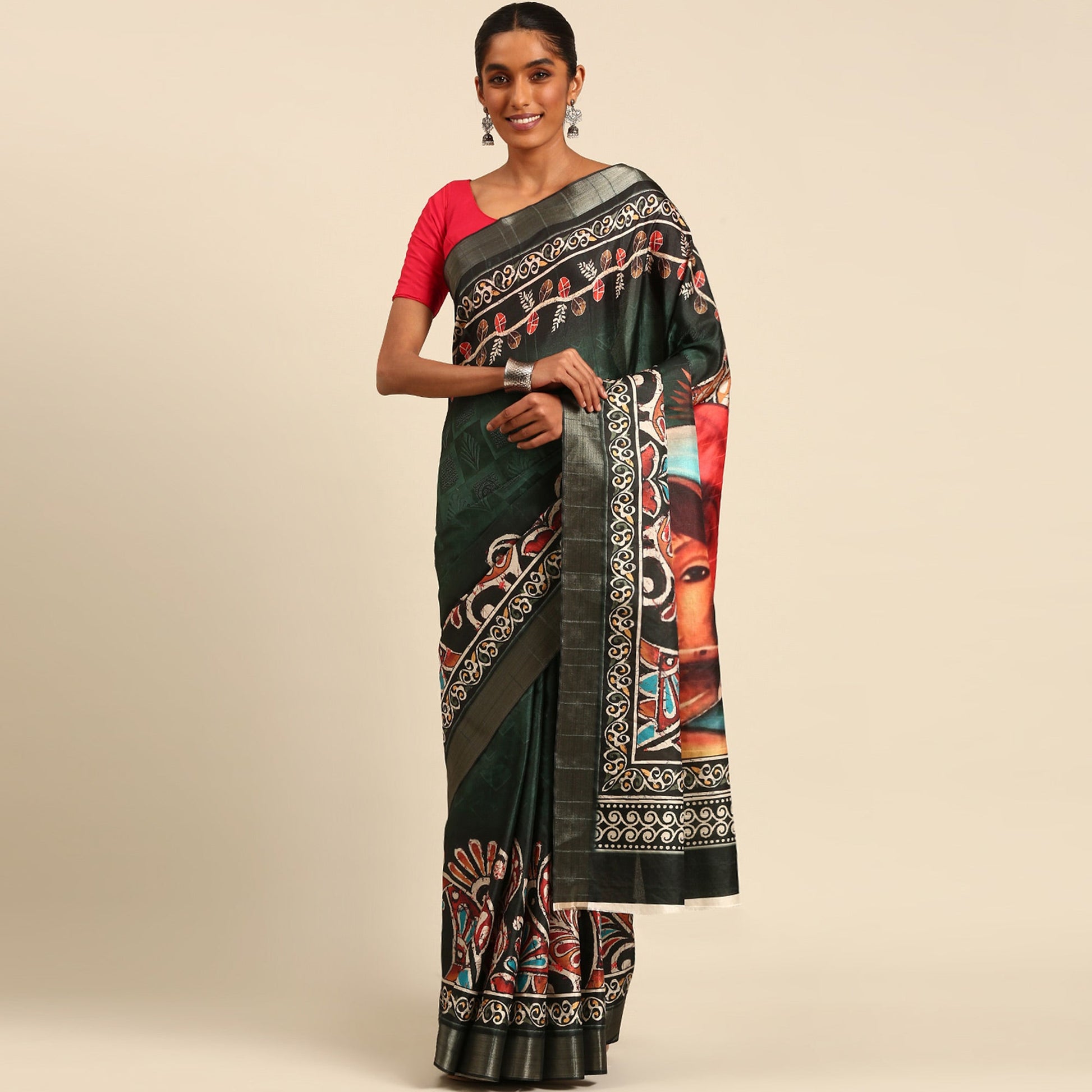 green-digital-printed-cotton-blend-saree-with-woven-border