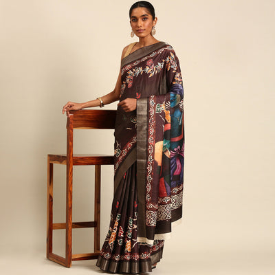 Dark Brown Digital Printed Cotton Blend Saree With Woven Border