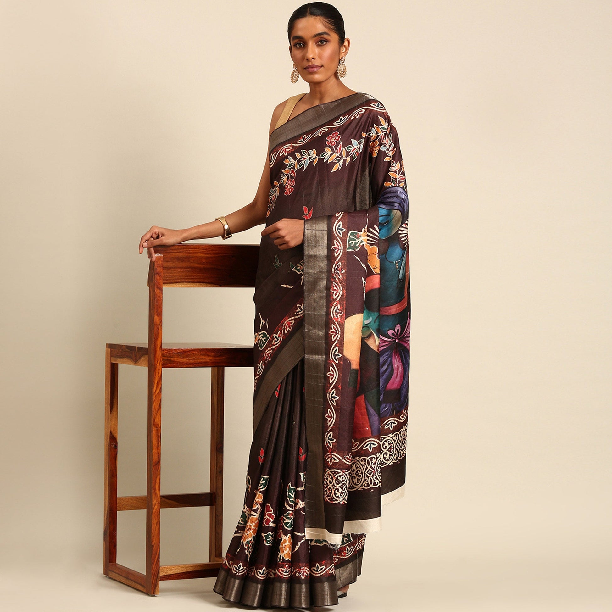 Dark Brown Digital Printed Cotton Blend Saree With Woven Border