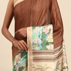 Brown Digital Printed Cotton Silk Saree