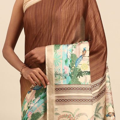 Brown Digital Printed Cotton Silk Saree