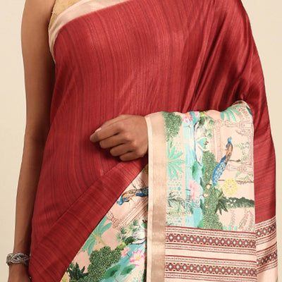 Maroon Digital Printed Cotton Silk Saree