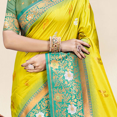 Lemon Yellow Floral Woven Banarasi Silk Saree