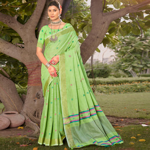 green-woven-cotton-blend-saree-with-tassels-3
